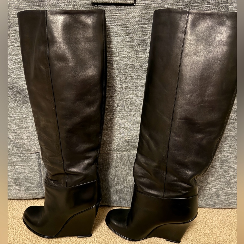 Bally Knee High Italian Leather Black Wedge Boots Size 38.5 EU
